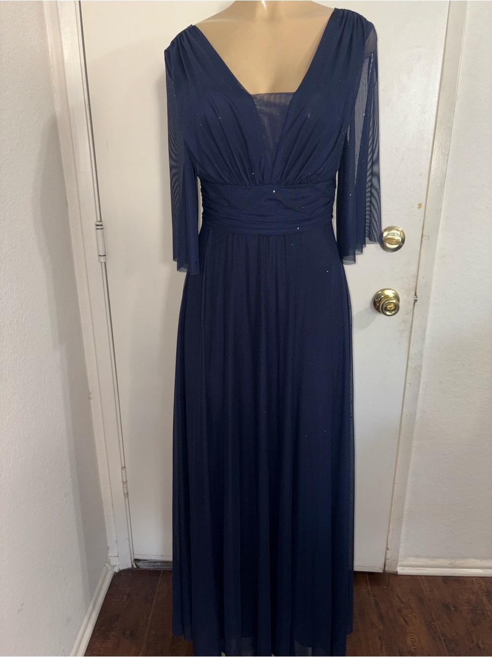 Joseph Ribkoff Evening Gown Navy Blue shimmering mesh A-line maxi dress 8